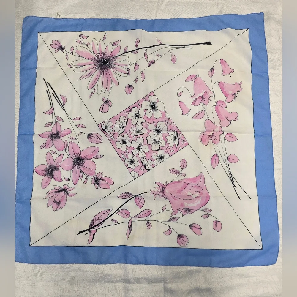 Vintage Made in Italy Floral Square Scarf Blue & Pink - Picture 2 of 10
